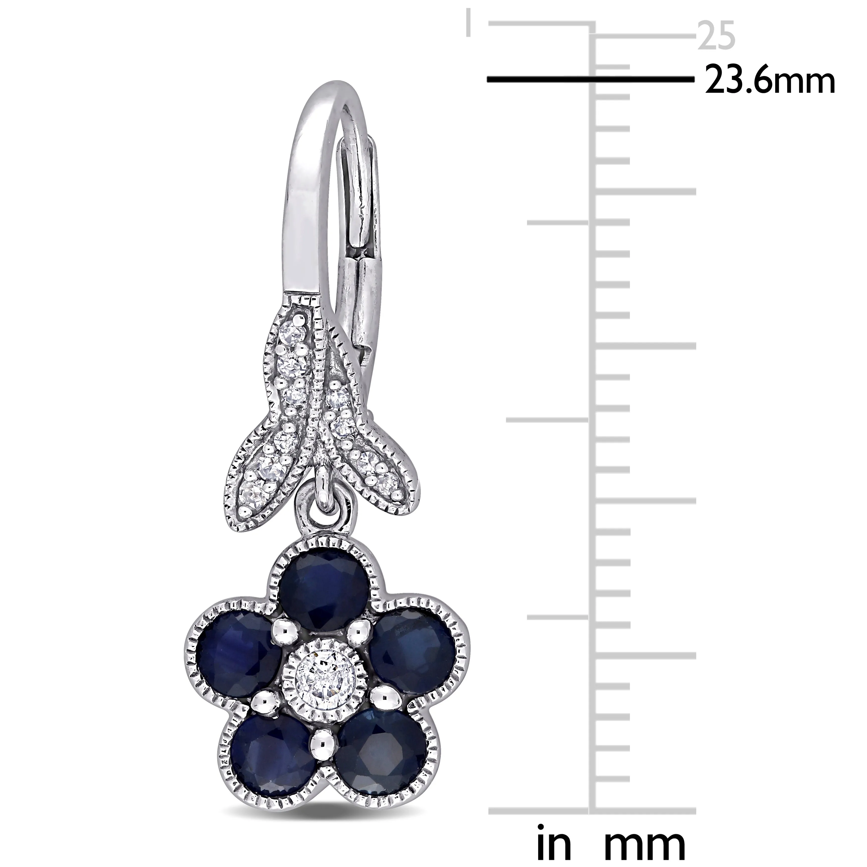 1 1/2 CT TGW Blue Sapphire and 1/7 CT TW Diamond Floral Leverback Earrings in 10K White Gold