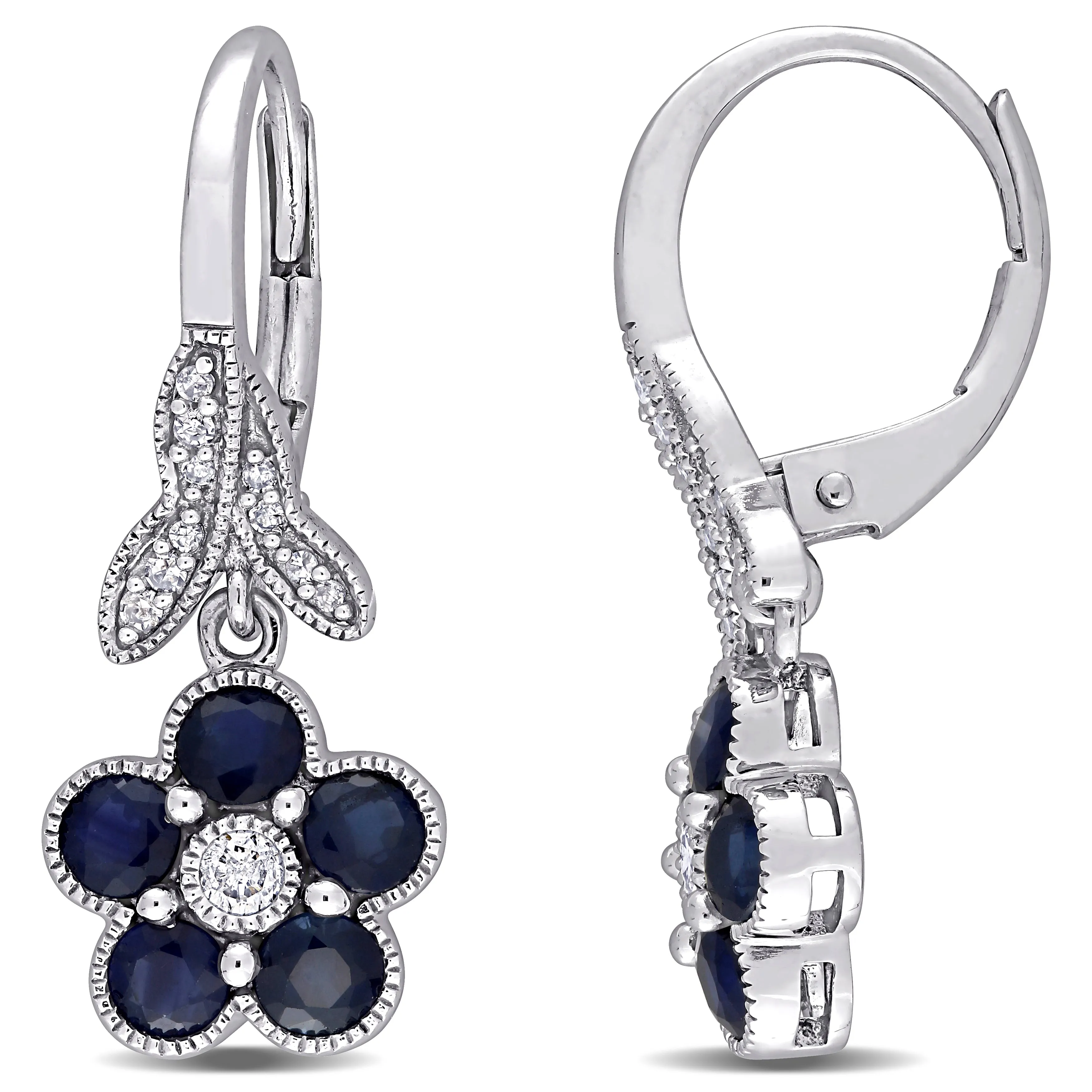 1 1/2 CT TGW Blue Sapphire and 1/7 CT TW Diamond Floral Leverback Earrings in 10K White Gold