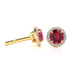 1 1/3 Carat Round Shape Ruby And Halo Diamond Earrings In 14 Karat Yellow Gold