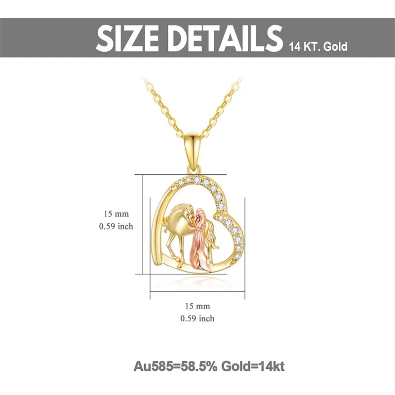 14K Solid Gold Horse and Girl Heart Necklaces for Women Yellow Gold Necklaces Fine Jewelry Present for Wife Girlfriend