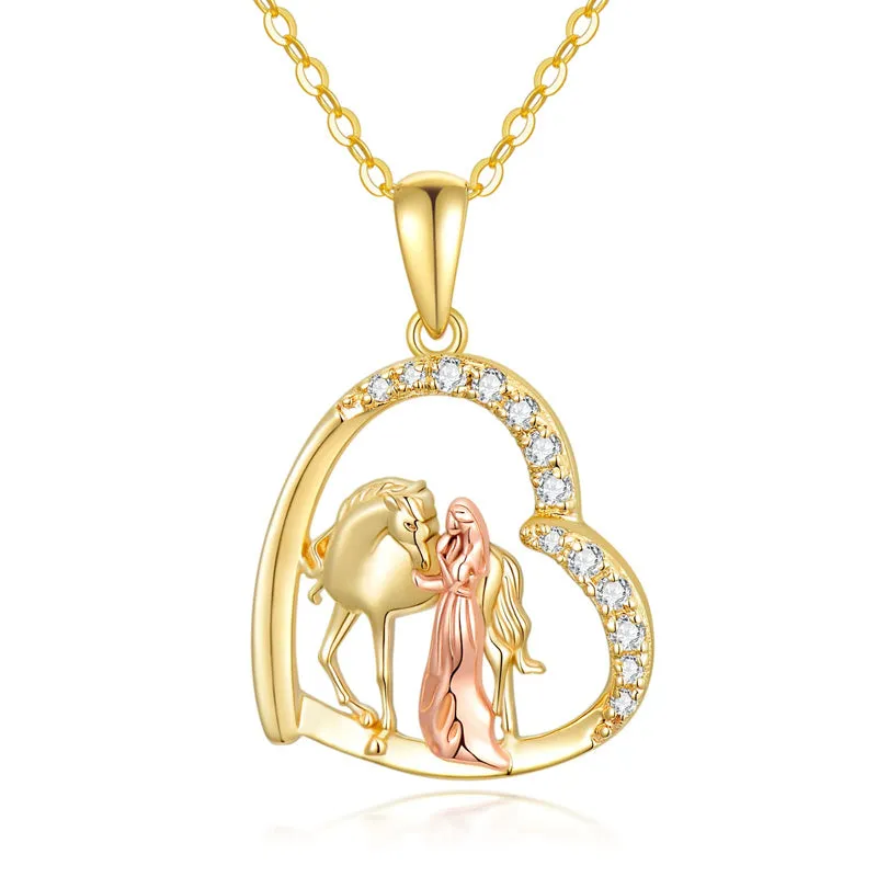 14K Solid Gold Horse and Girl Heart Necklaces for Women Yellow Gold Necklaces Fine Jewelry Present for Wife Girlfriend