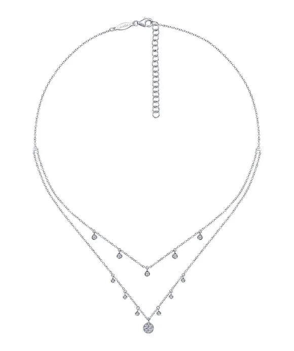 14k White Gold Layered Diamond Charm Drop Necklace