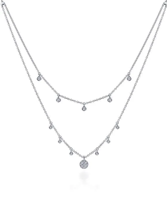 14k White Gold Layered Diamond Charm Drop Necklace