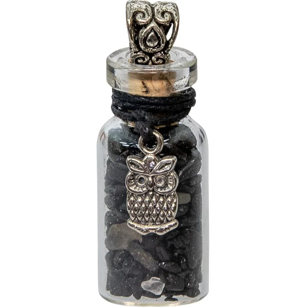 1.75" Gemstone Chip Bottle Necklace - Black Tourmaline with Owl