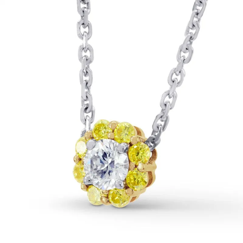 18CT White Gold White and Canary Yellow Diamond Floral Halo Pendant