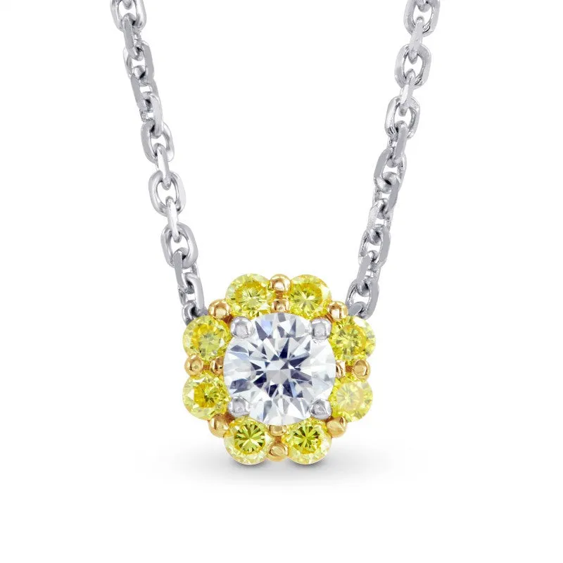 18CT White Gold White and Canary Yellow Diamond Floral Halo Pendant