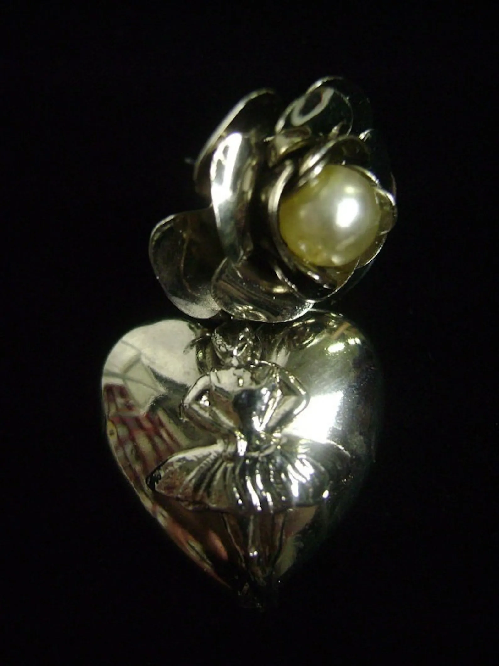 1980s Ballet Pearl Heart Drop Earrings, Deadstock, Pierced