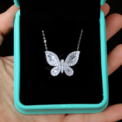 2 CT Sterling Silver Baguette Simulated Diamond Butterfly Necklace