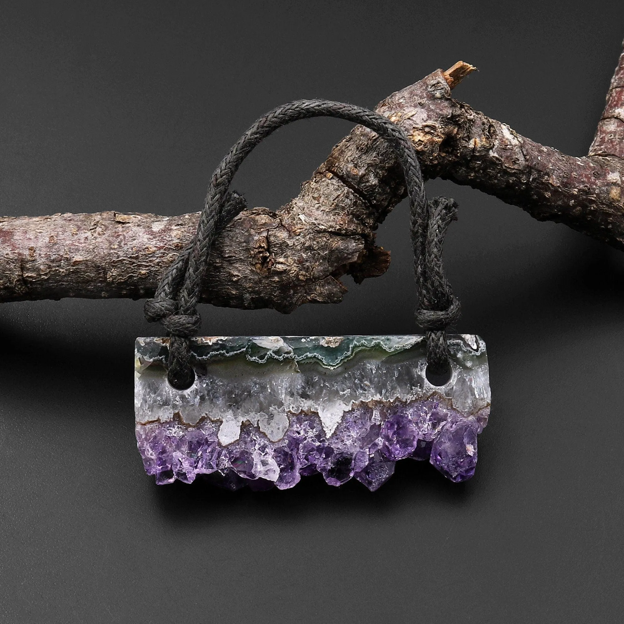 2 Hole Pendant Purple Green Amethyst Stalactite Pendant Drilled Stalactite Long Rectangle Slice Natural Gemstone Pendant Bead A1