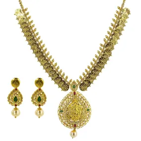 22K Yellow Gold Diamond Laxmi Necklace & Earring Set W/ 7.81ct Uncut Diamonds, Emeralds, Rubies & Pearls