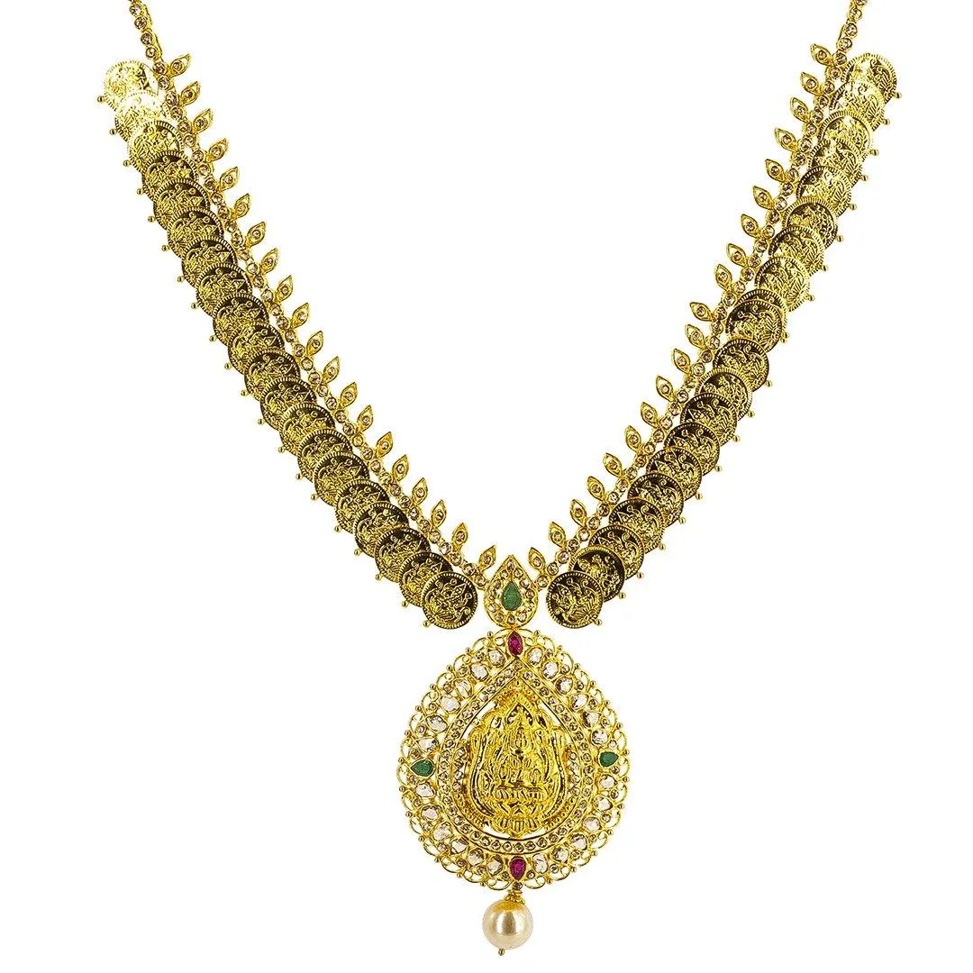 22K Yellow Gold Diamond Laxmi Necklace & Earring Set W/ 7.81ct Uncut Diamonds, Emeralds, Rubies & Pearls