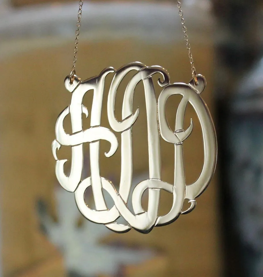 24K Gold Plated Fancy Script Monogram Necklace-Split Chain