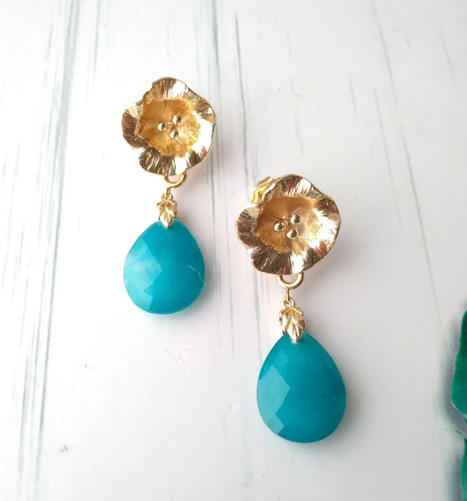 3 Pistil with Teal Jade Stud Earrings