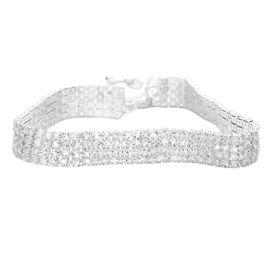 4 Row Crystal Rhinestone Embellished Tennis Evening Bracelet