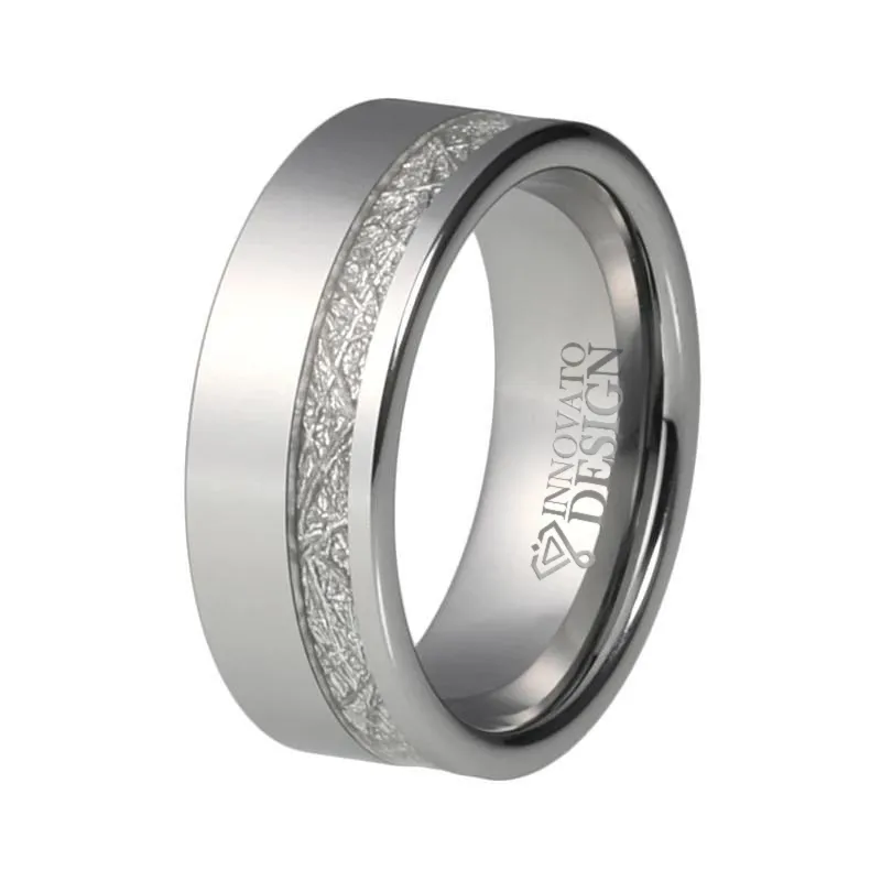 8mm Silver Tungsten Meteorite Inlay Wedding Band