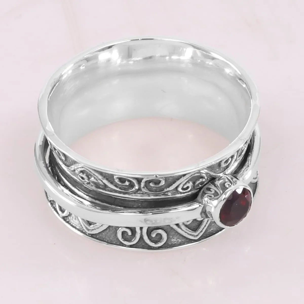 925 Sterling Silver Ring Garnet Spinner Ring Meditation Ring Textured Handmade Spinner Ring For Men's