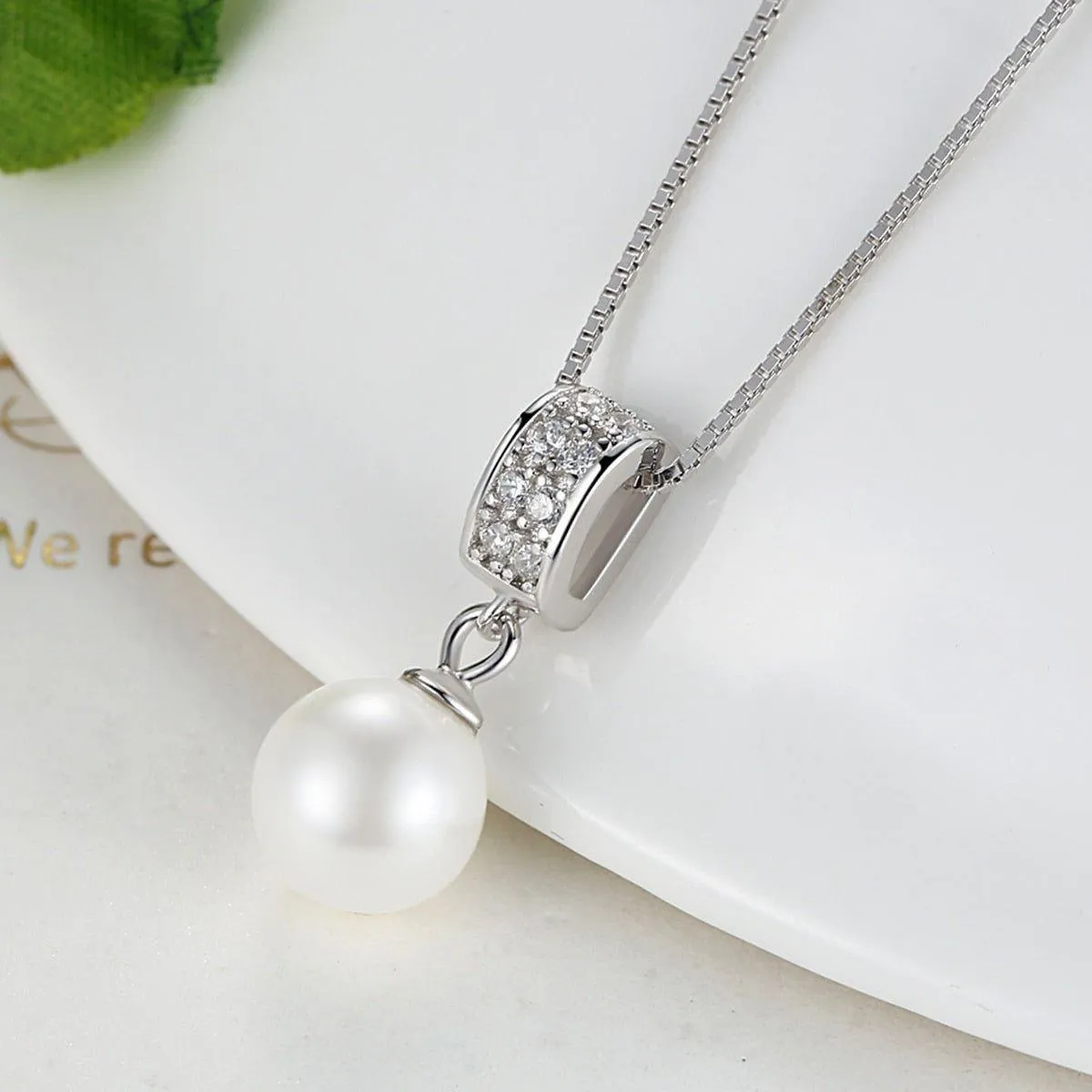 925 Sterling Silver Simulated White Pearl Necklace Charm Jewelry FB316