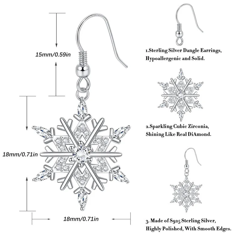 925 Sterling Silver Snowflake Drop Earrings for Women High Polished Silver Dangle Drop Earrings  Dangle Jewelry Snowflake Earrings for Women