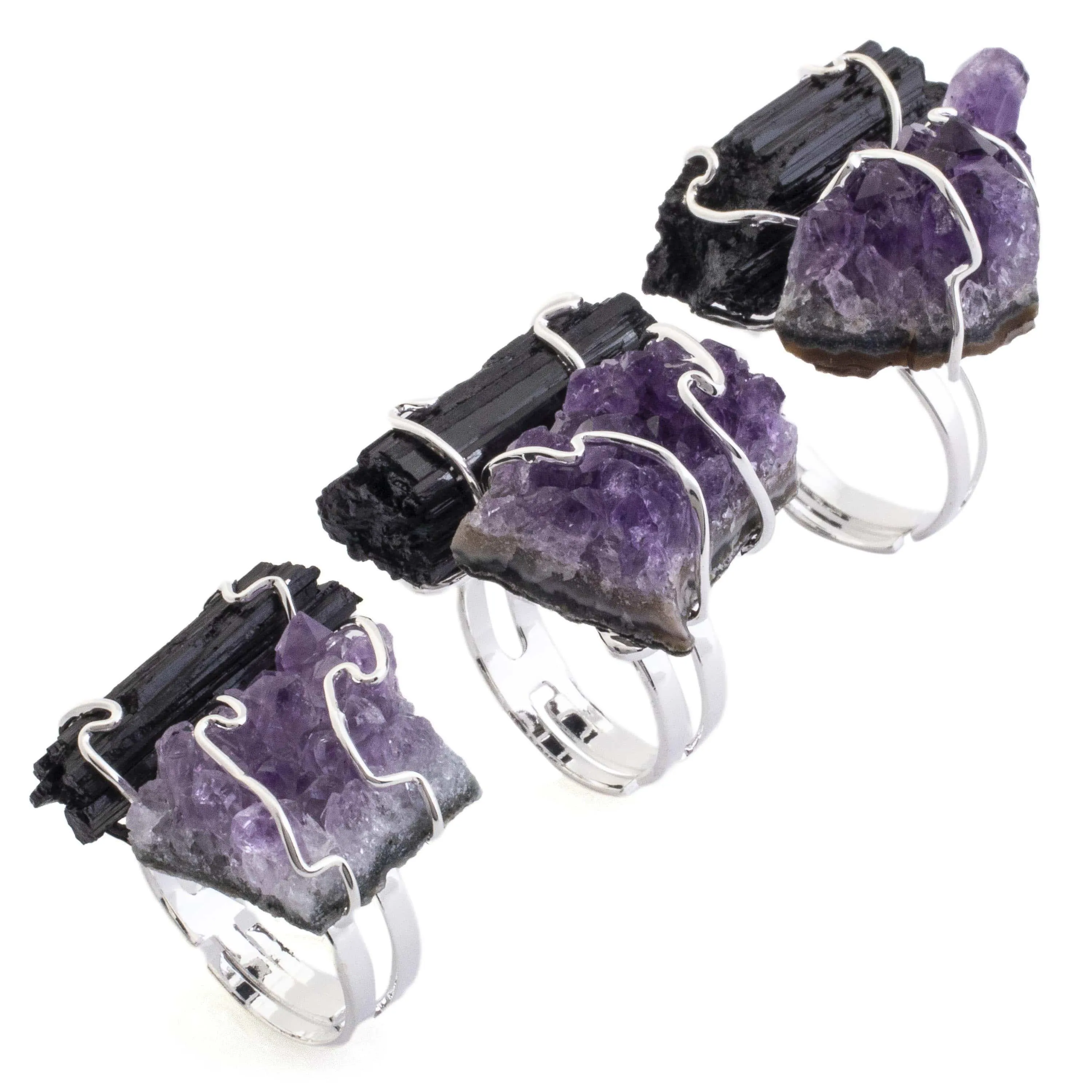 Amethyst and Black Tourmaline Adjustable Ring