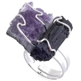 Amethyst and Black Tourmaline Adjustable Ring