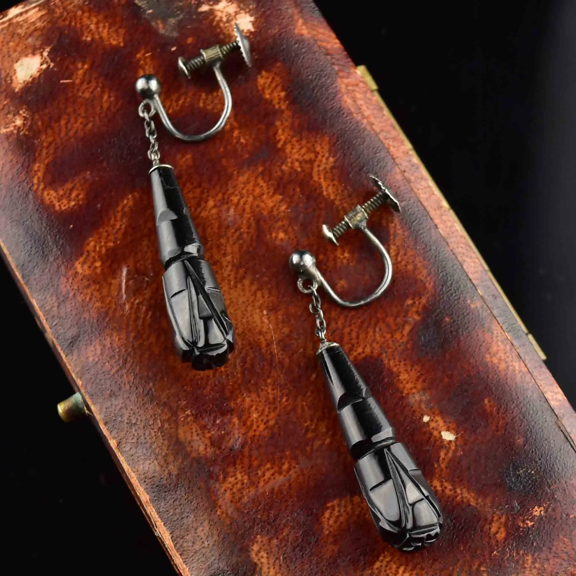 Antique Carved Whitby Jet Torpedo Drop Earrings