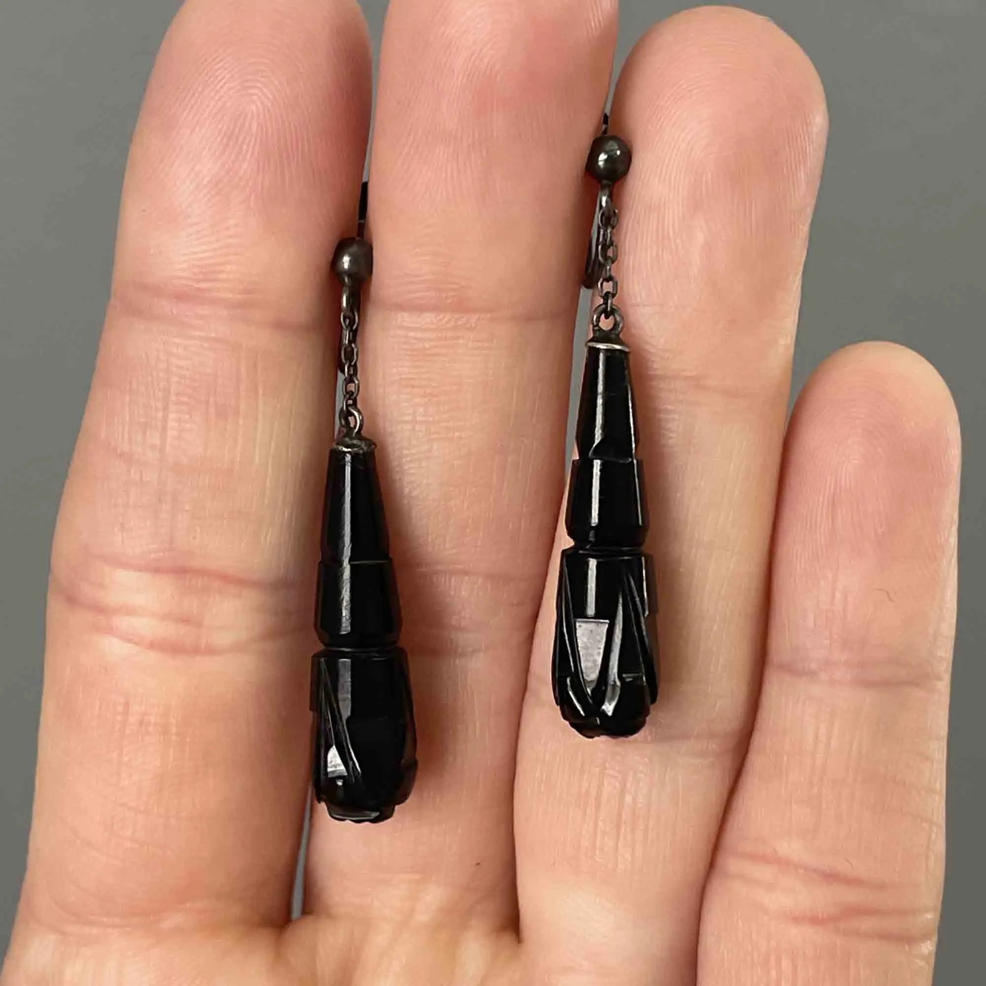 Antique Carved Whitby Jet Torpedo Drop Earrings