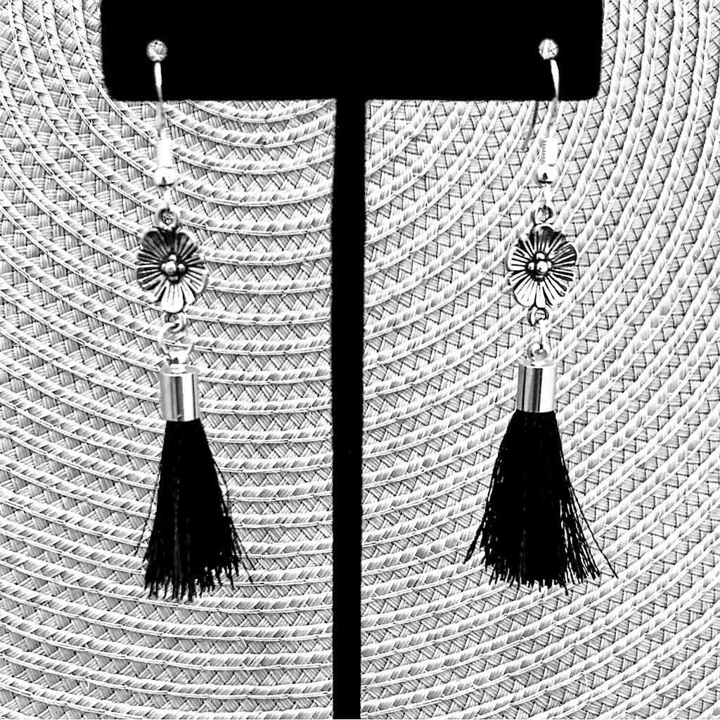 Antique Silver Flower with Black Tassel Dangle Earrings