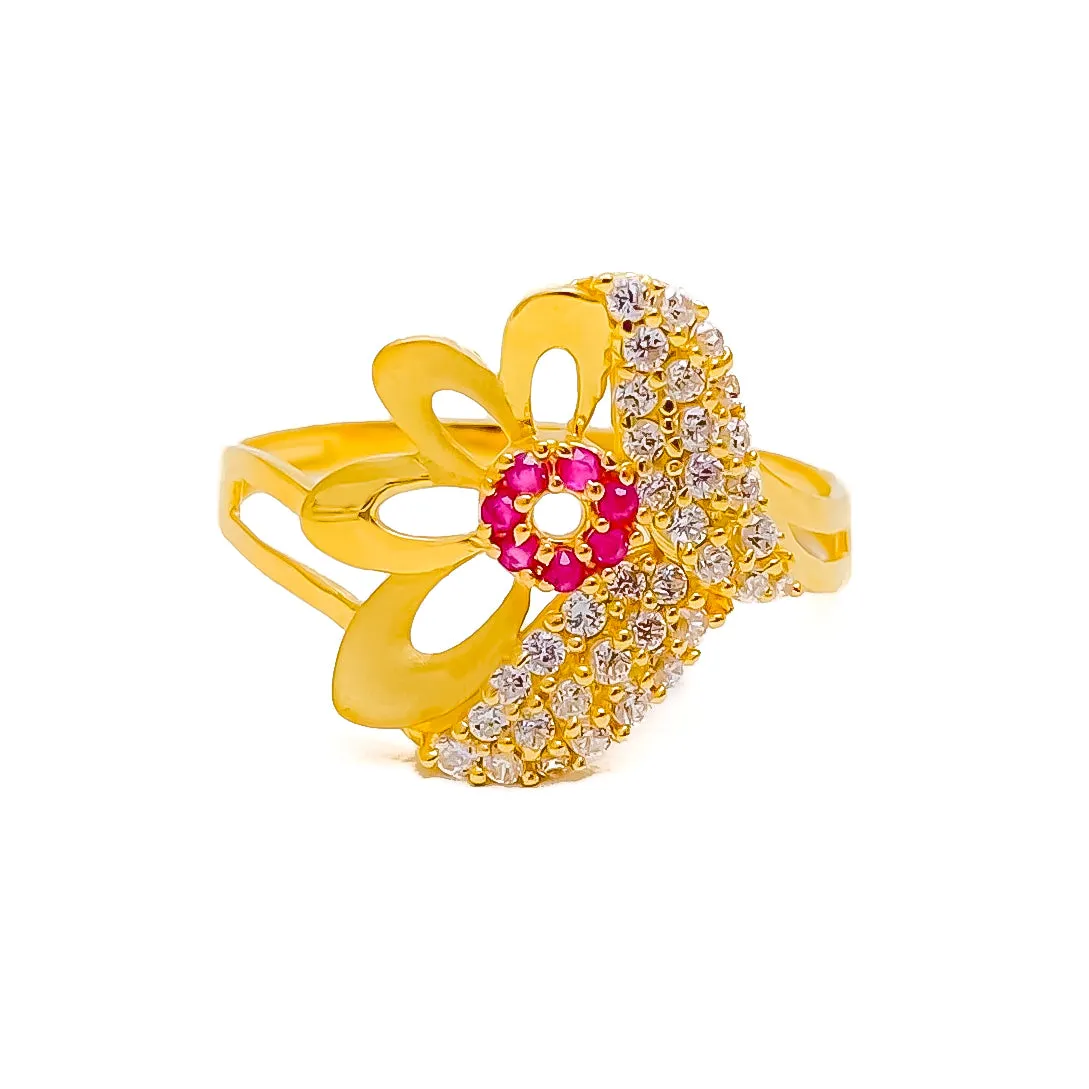 Asymmetrical Floral 22k Gold CZ Ring