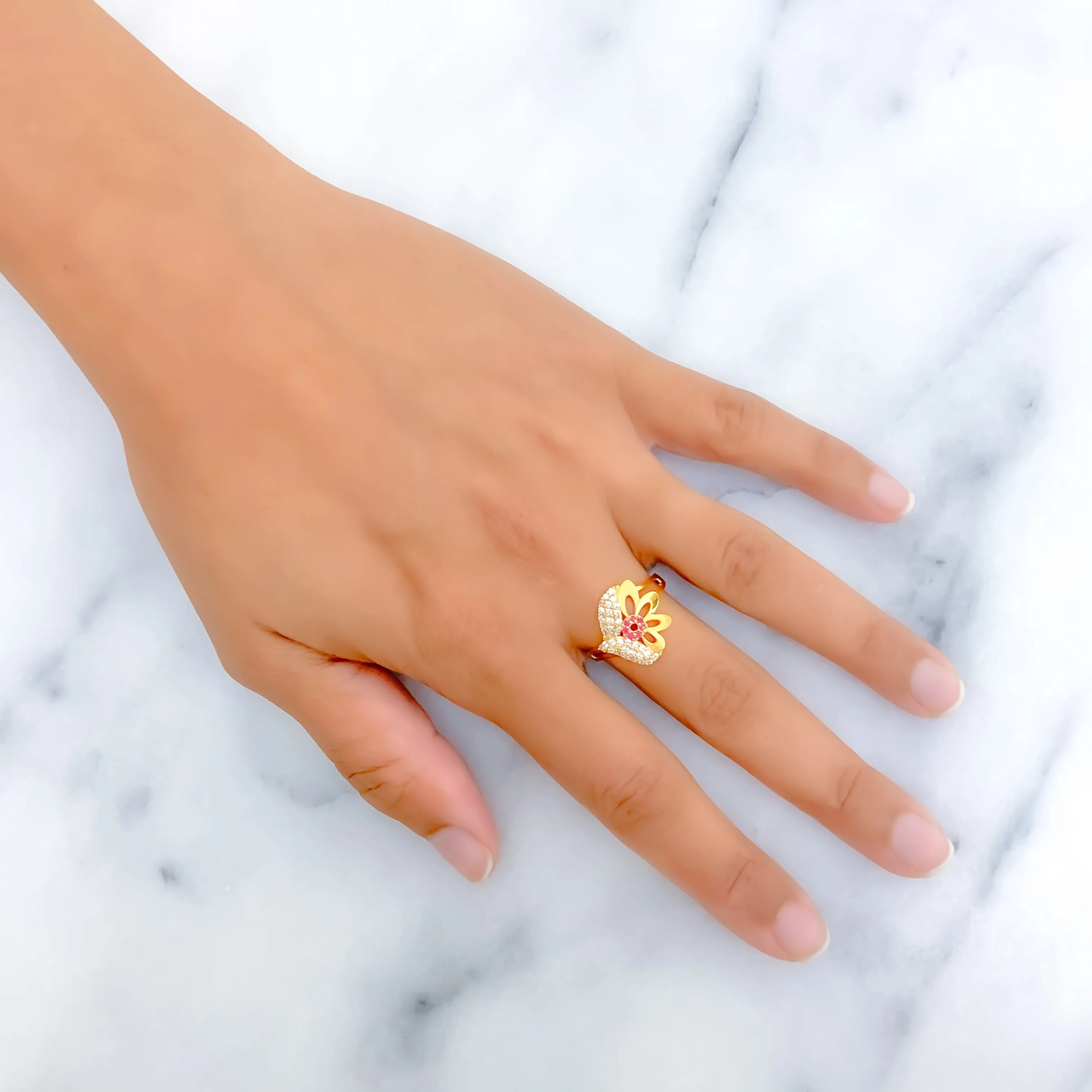 Asymmetrical Floral 22k Gold CZ Ring