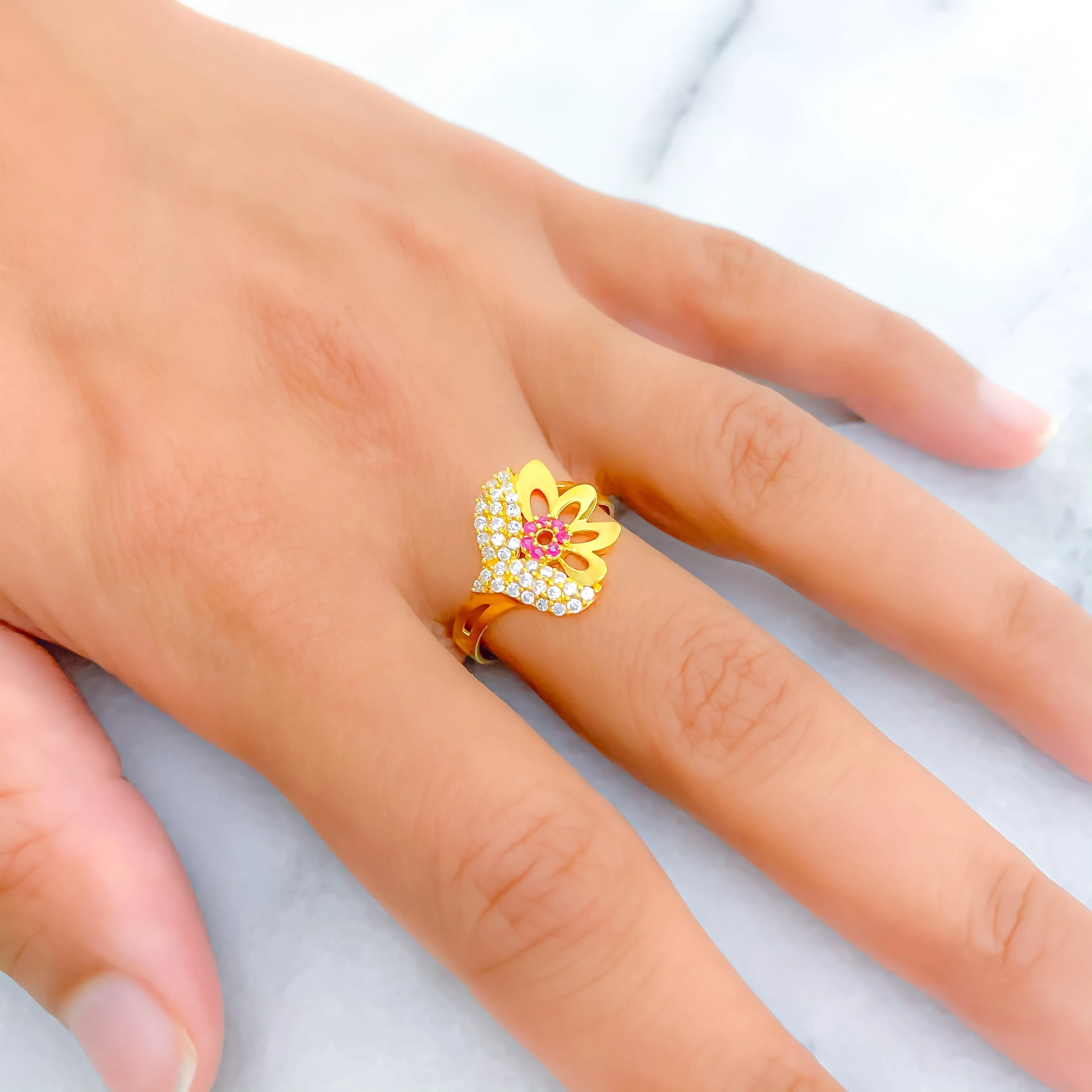 Asymmetrical Floral 22k Gold CZ Ring