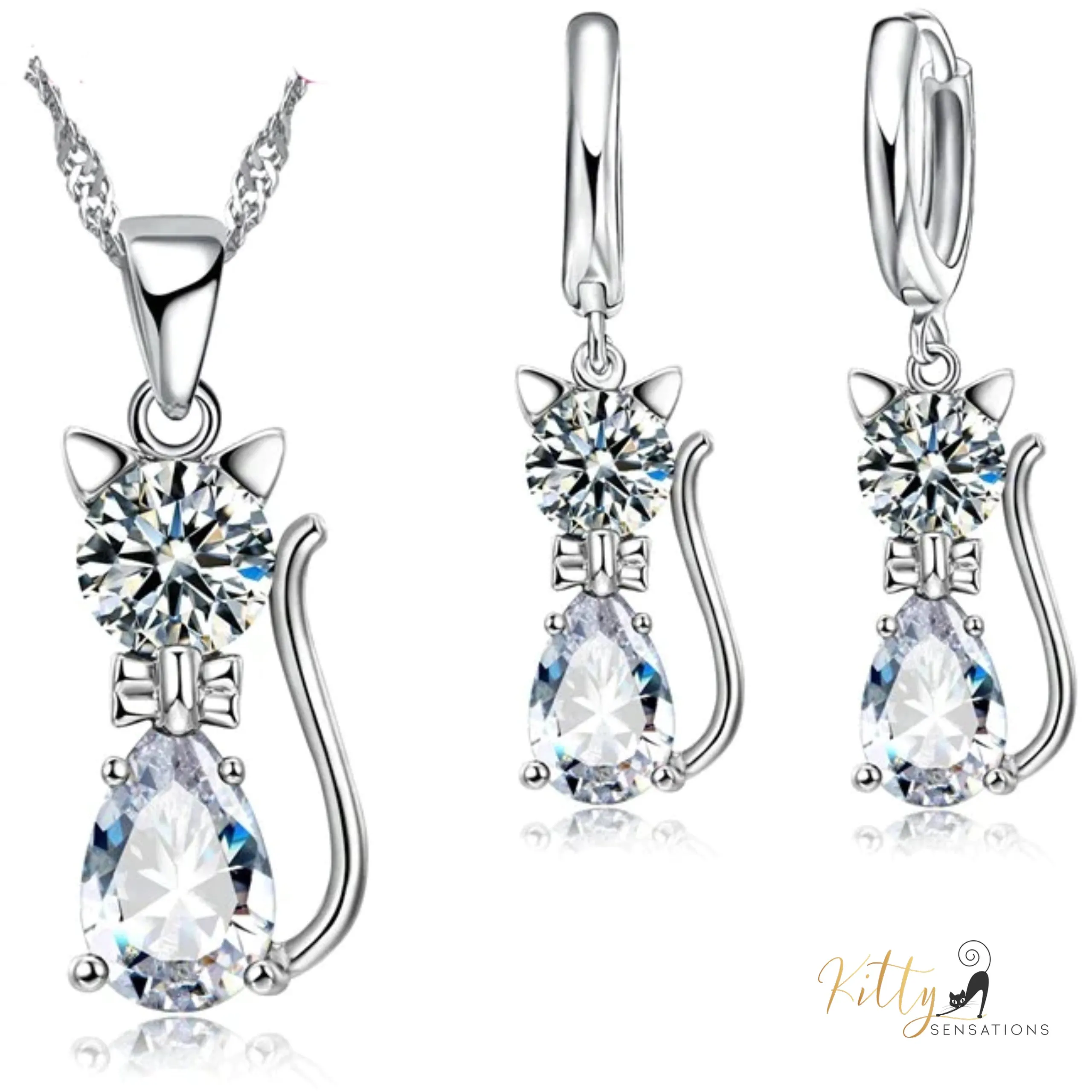 Austrian Crystal Cat Set in Solid 925 Sterling Silver