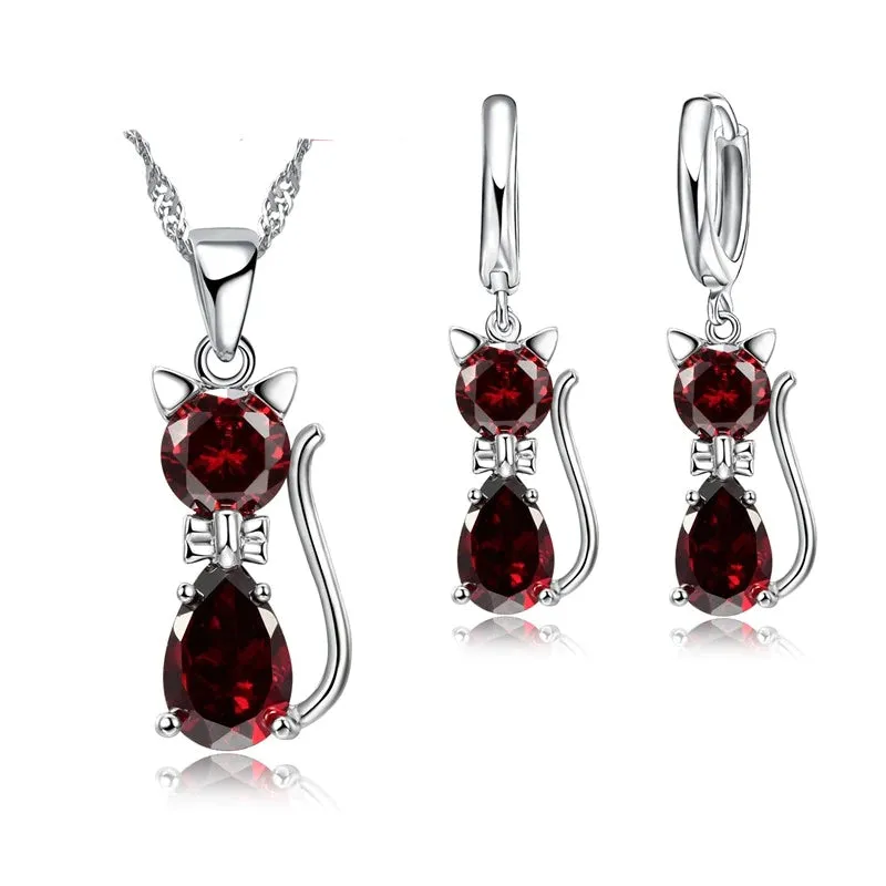 Austrian Crystal Cat Set in Solid 925 Sterling Silver