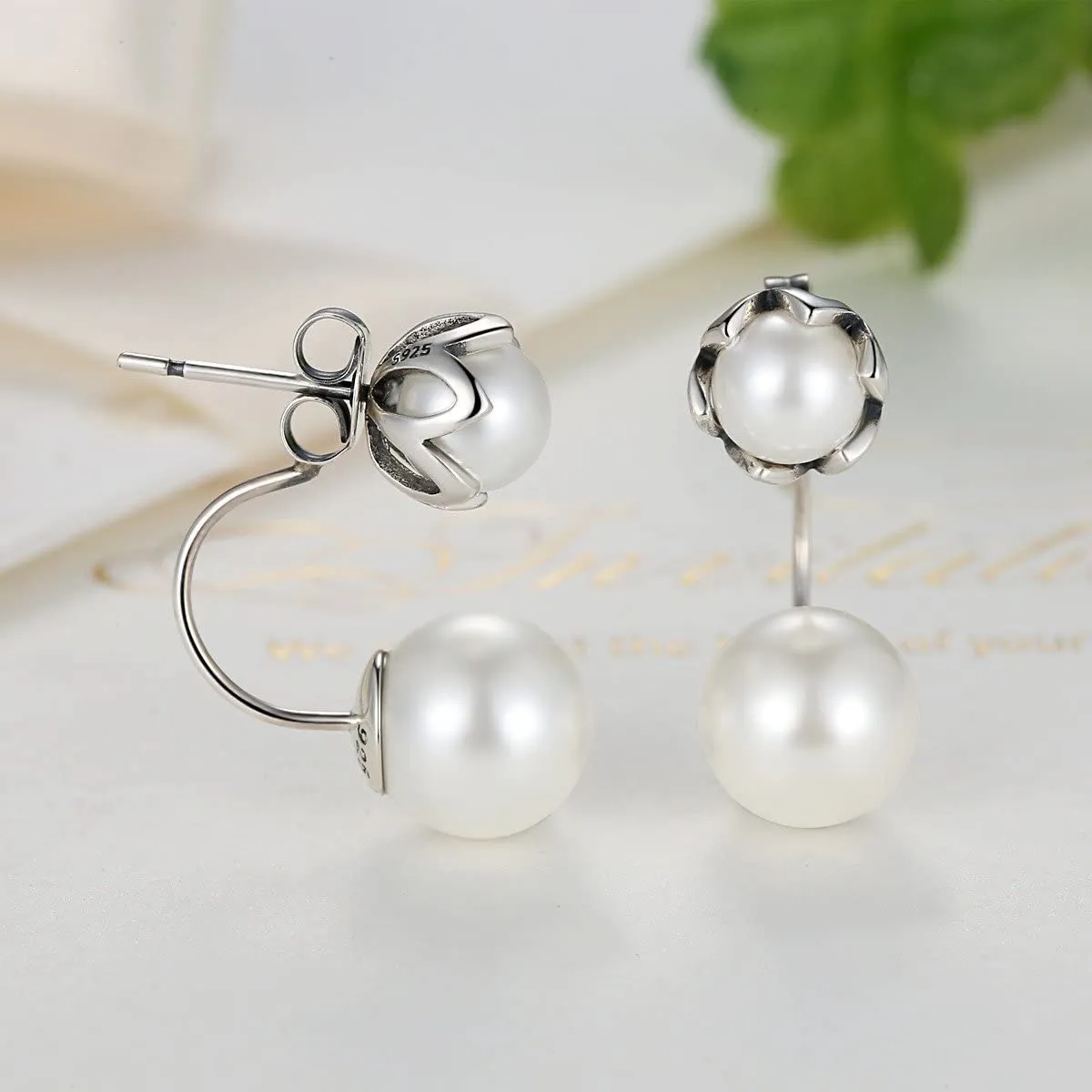 Authentic 925 Sterling Silver Simulated Pearls Special Style Drop Jewelry