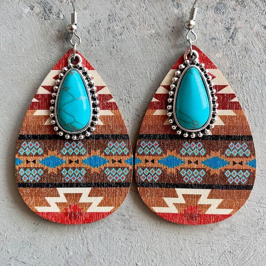 Aztec Pattern Wood Turquoise Teardrop Boho Earrings