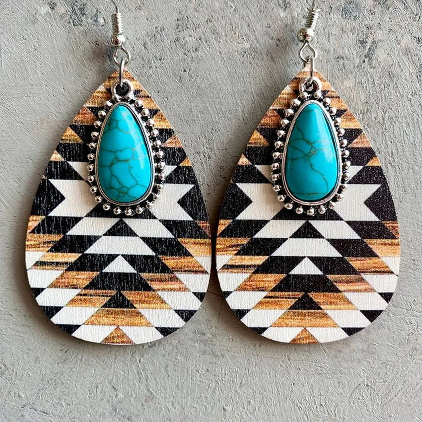 Aztec Pattern Wood Turquoise Teardrop Boho Earrings