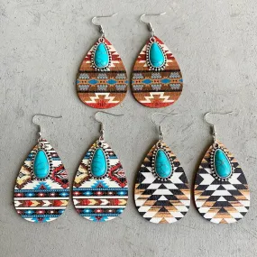 Aztec Pattern Wood Turquoise Teardrop Boho Earrings