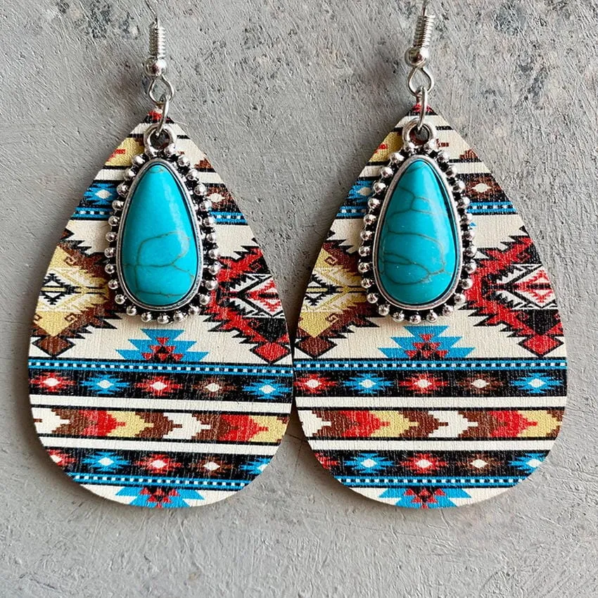 Aztec Pattern Wood Turquoise Teardrop Boho Earrings