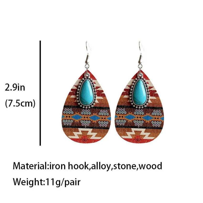 Aztec Pattern Wood Turquoise Teardrop Boho Earrings