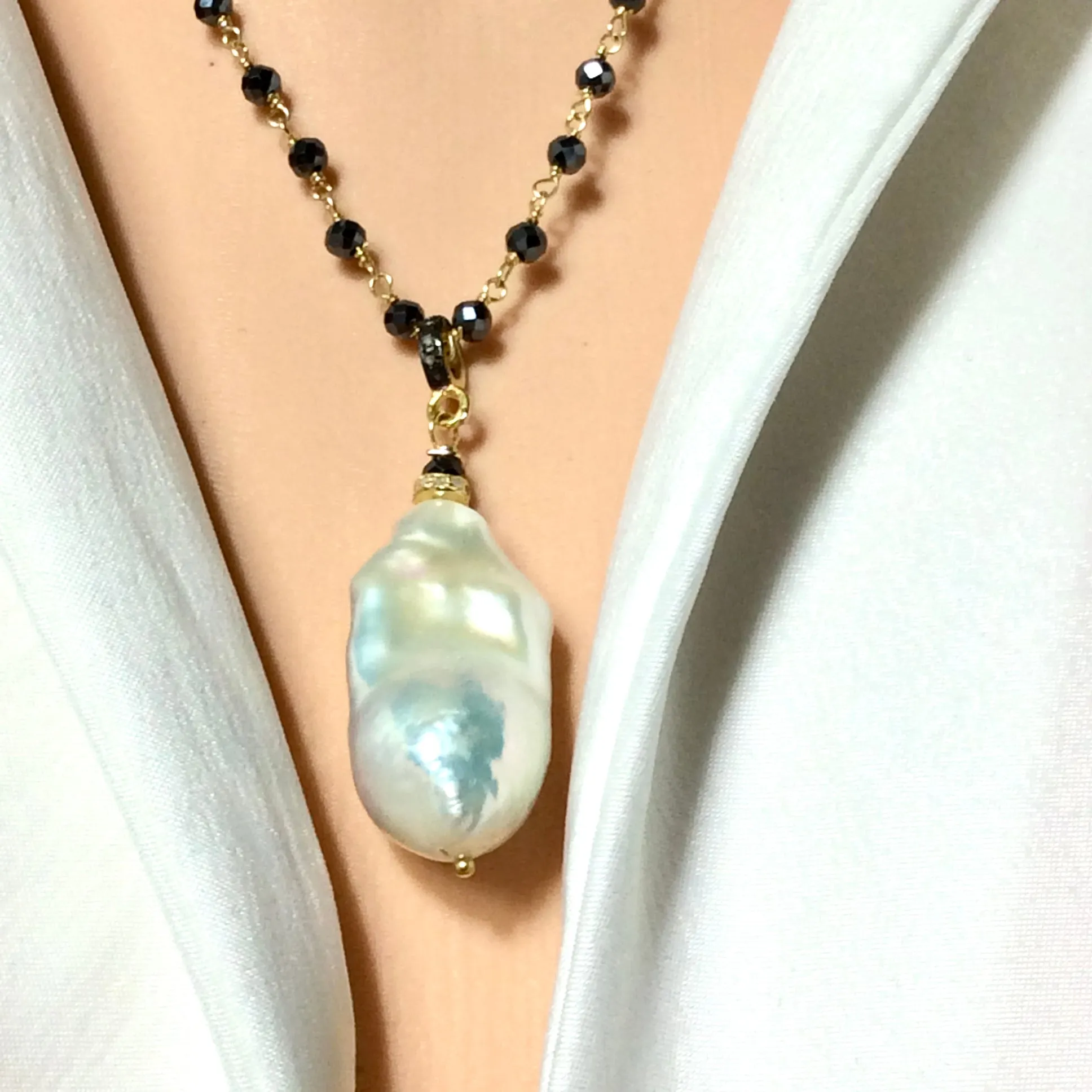 Baroque Pearl & Pyrite Pendant Necklace, Pave Diamonds, Pyrite Rosary Chain