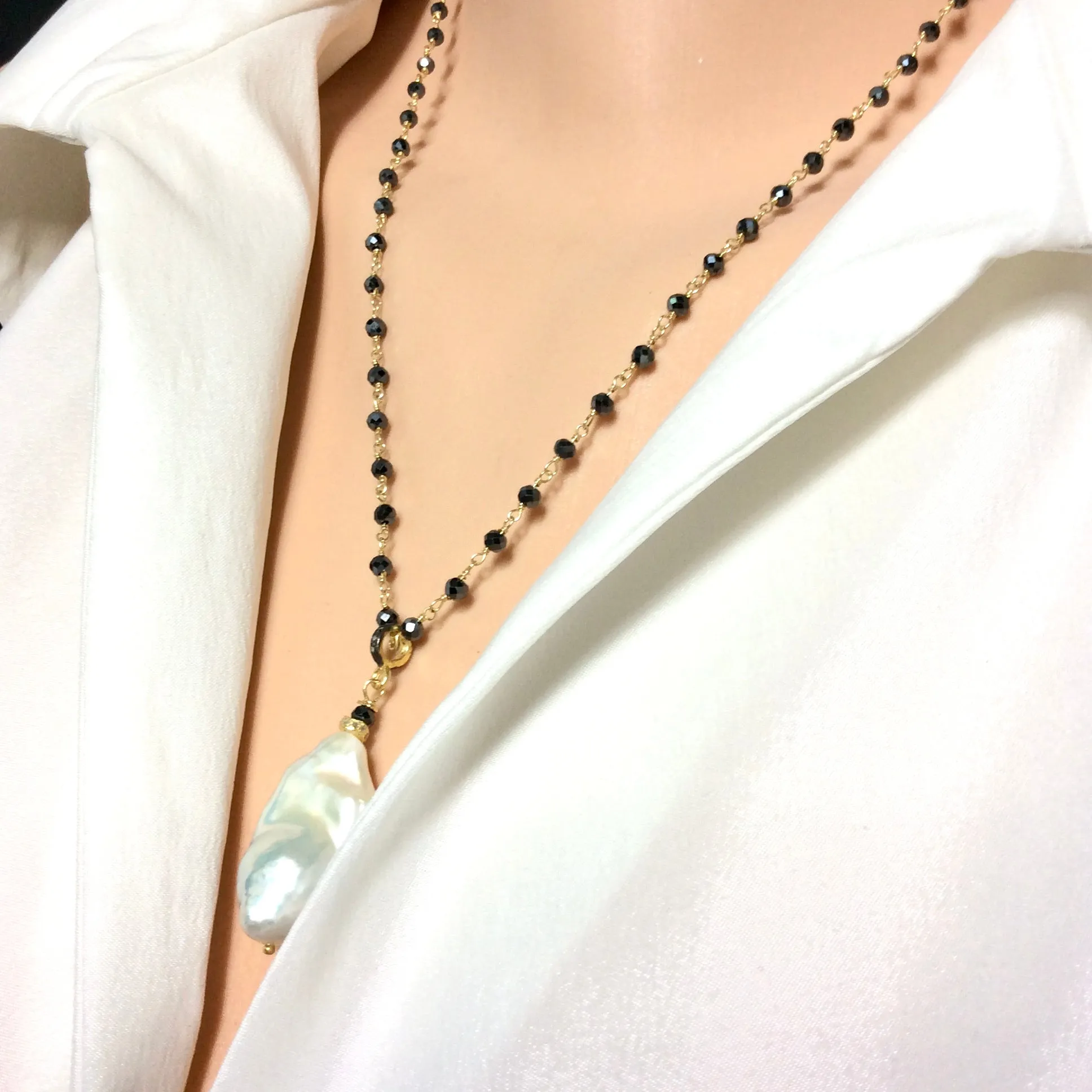 Baroque Pearl & Pyrite Pendant Necklace, Pave Diamonds, Pyrite Rosary Chain