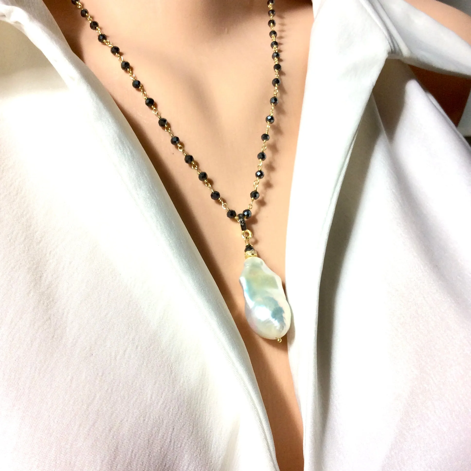 Baroque Pearl & Pyrite Pendant Necklace, Pave Diamonds, Pyrite Rosary Chain