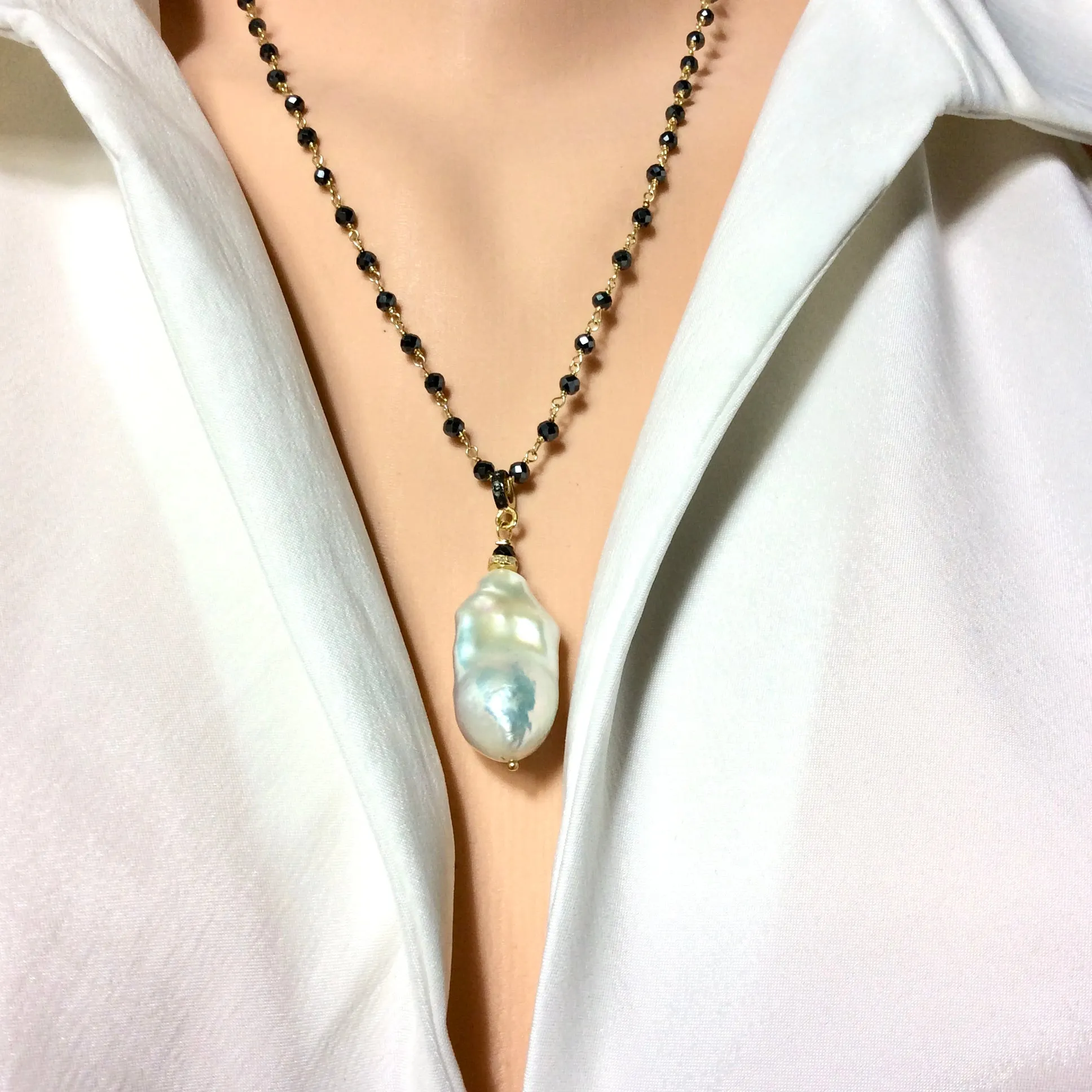 Baroque Pearl & Pyrite Pendant Necklace, Pave Diamonds, Pyrite Rosary Chain