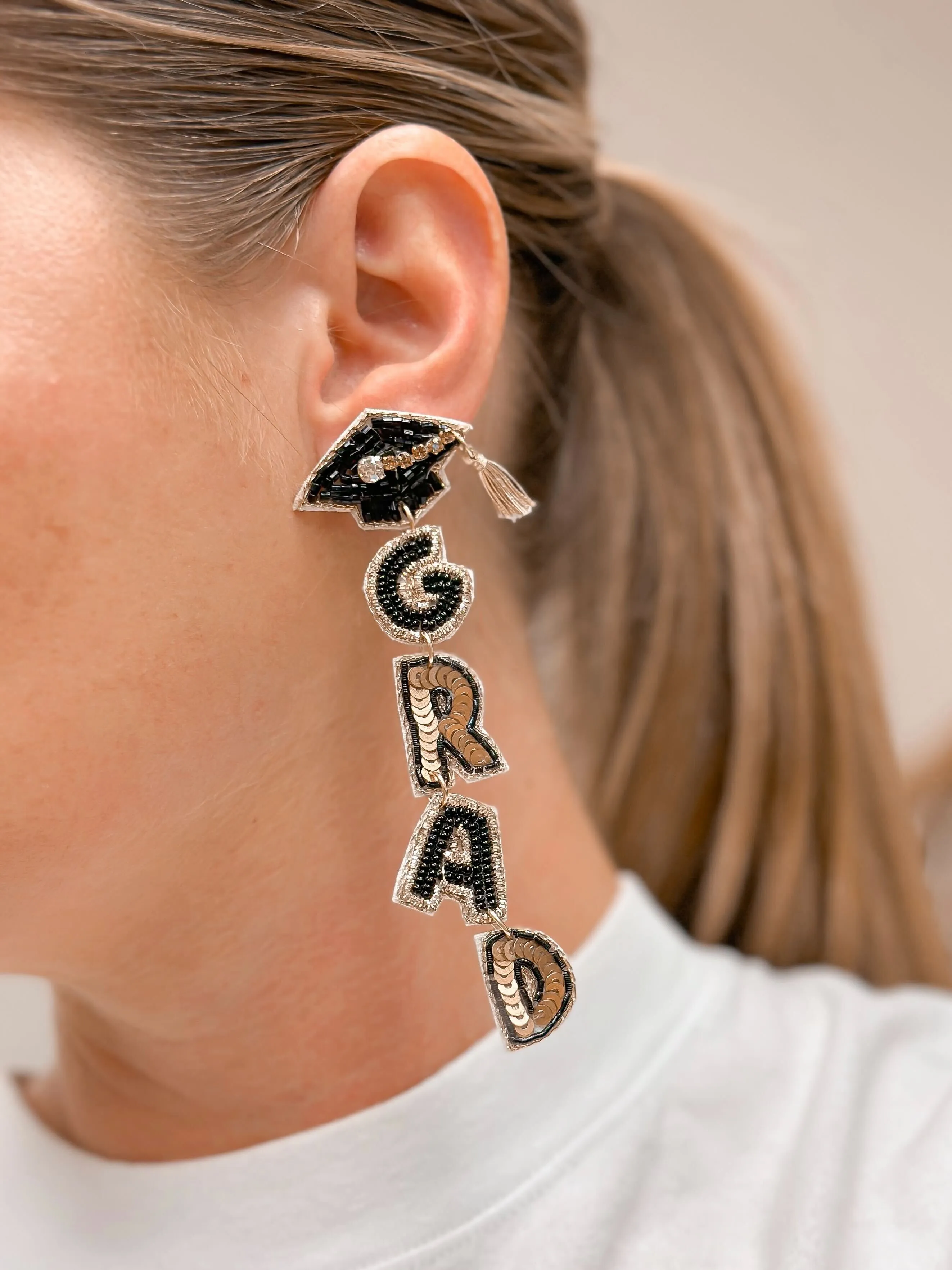 Beaded 'Grad' Dangle Earrings - Gold