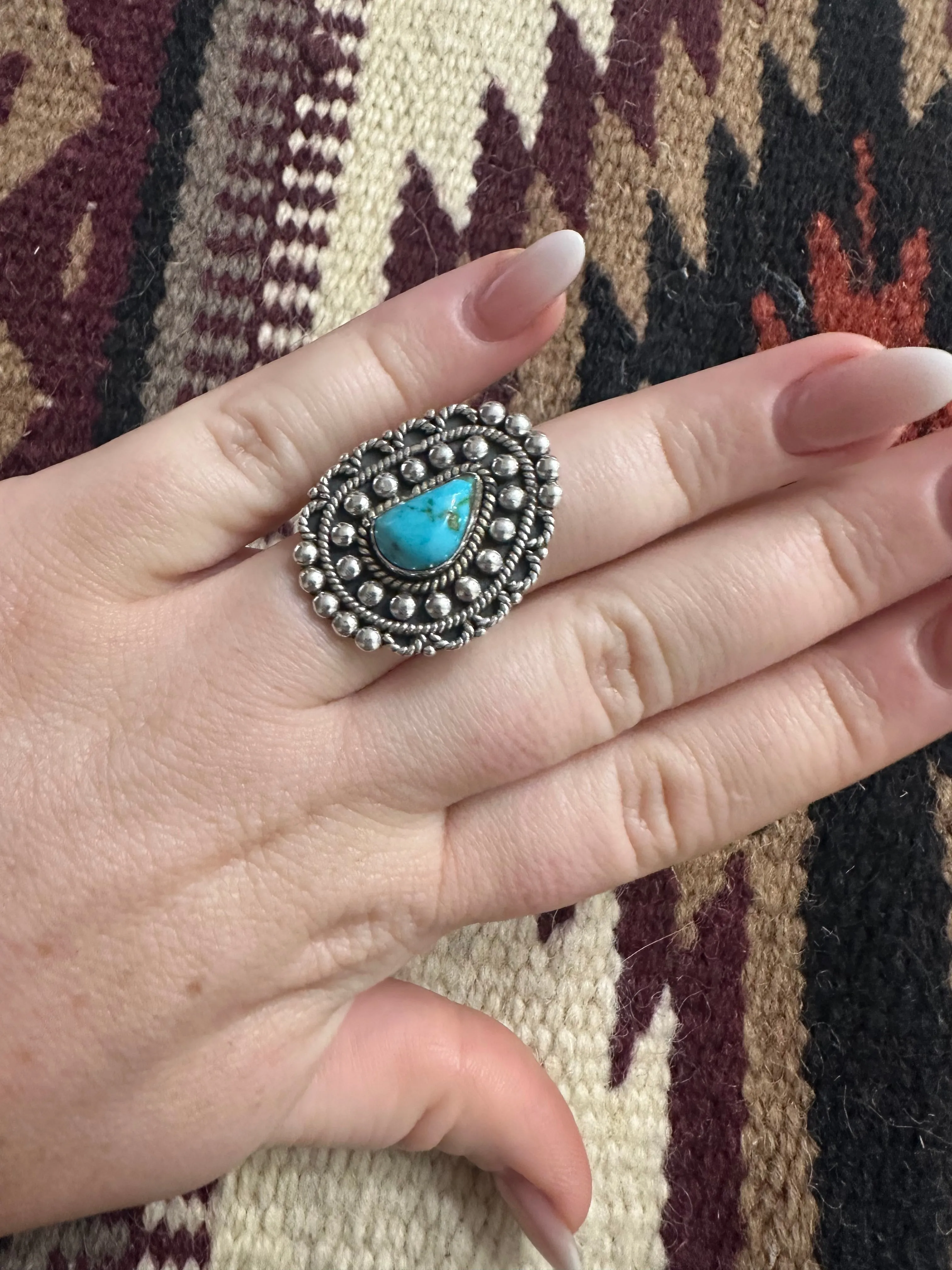 Beautiful Handmade Sonoran Mountain Turquoise And Sterling Silver Ball Adjustable Ring