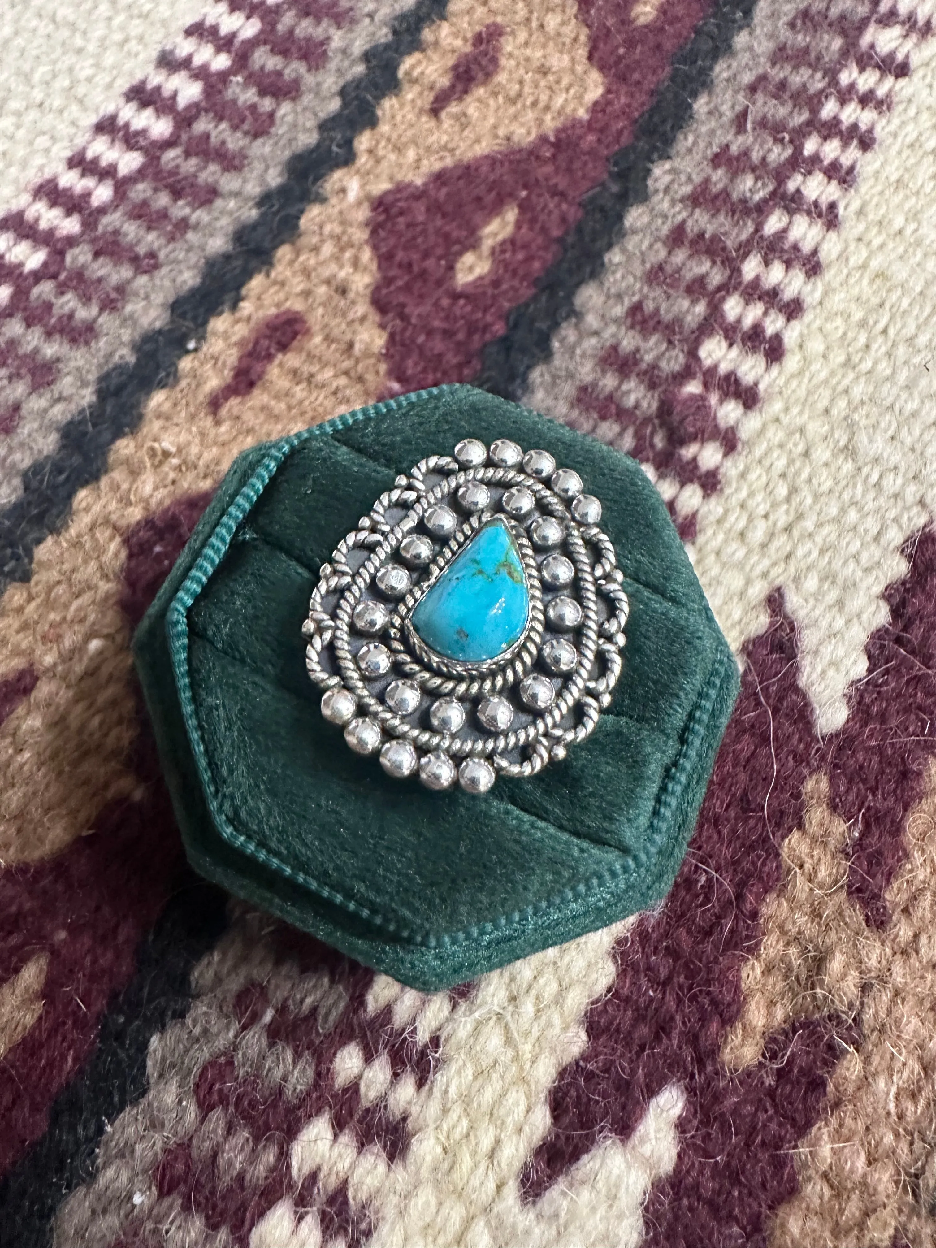 Beautiful Handmade Sonoran Mountain Turquoise And Sterling Silver Ball Adjustable Ring