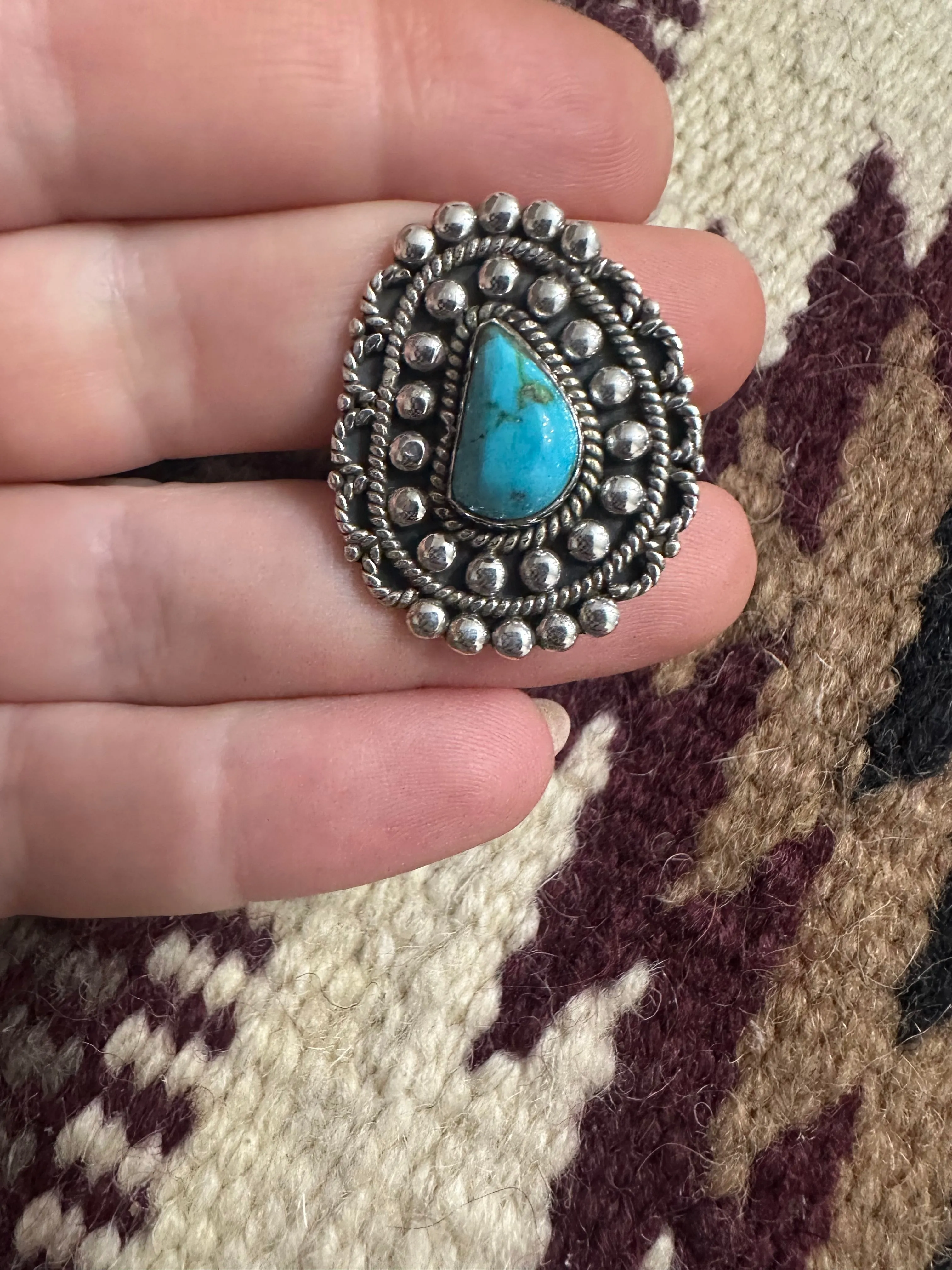 Beautiful Handmade Sonoran Mountain Turquoise And Sterling Silver Ball Adjustable Ring