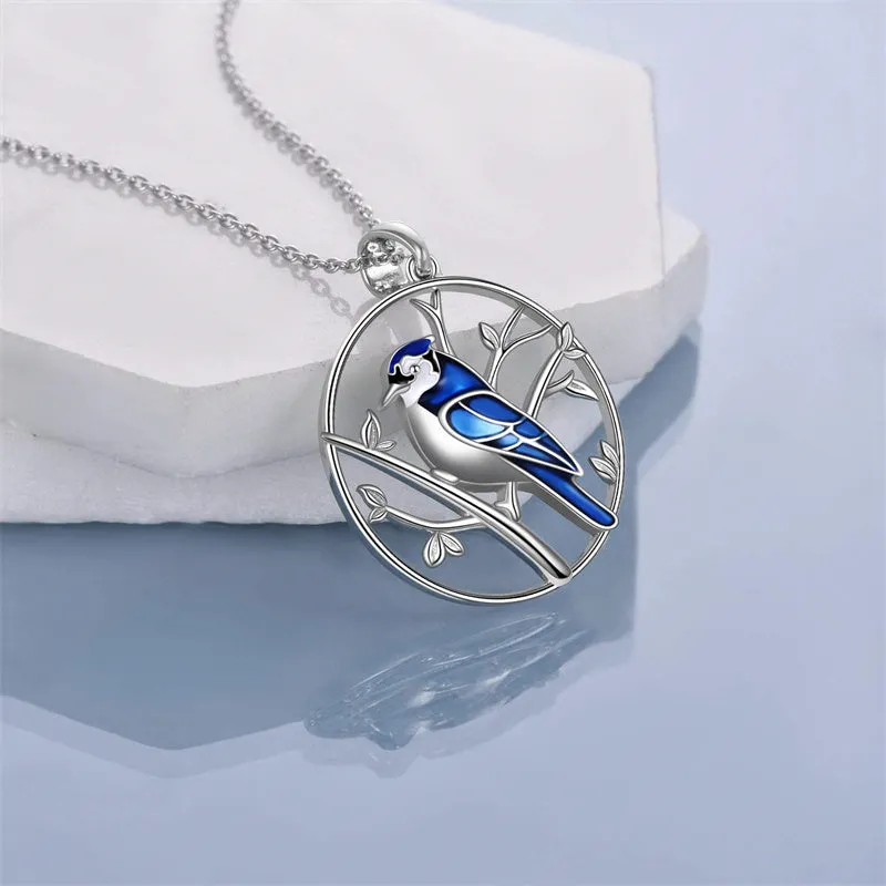 Blue Jay Necklace 925 Sterling Silver Blue Jay Pendant Necklaces Our Love Never Dies Blue Bird Jewelry for Bird Lover Gifts