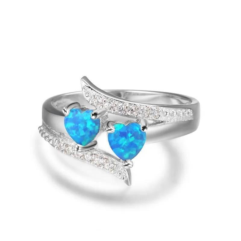 Blue Spinel 925 Sterling Silver Double Heart Design Ring