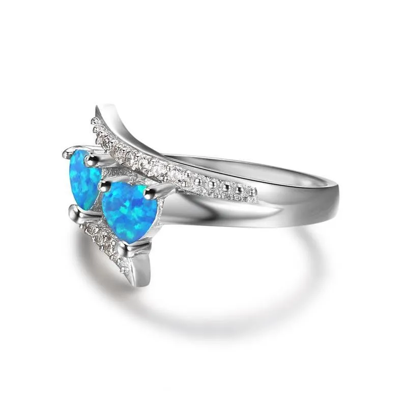 Blue Spinel 925 Sterling Silver Double Heart Design Ring