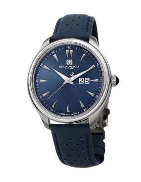 Bruno Magli Mens Luca Stainless Steel Watch- Perforated Band - Blue